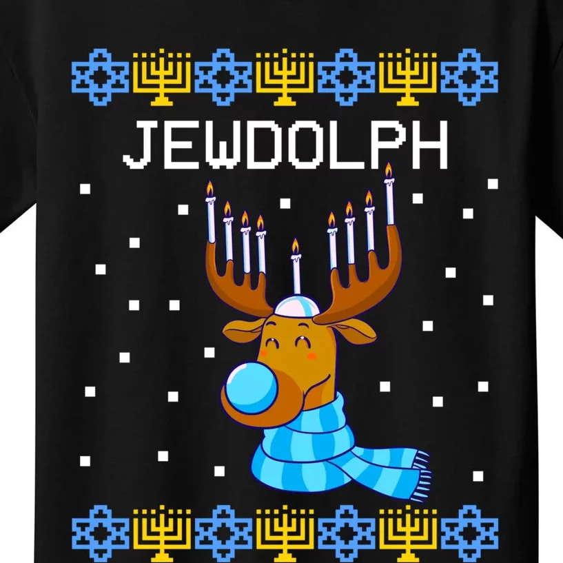 Jewdolph Ugly Hanukkah Sweater Reindeerorah Chanukah Kids T-Shirt