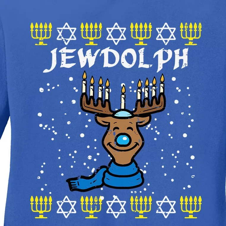 Jewdolph Ugly Hanukkah Reindeer Funny Chanukah Ladies Long Sleeve Shirt