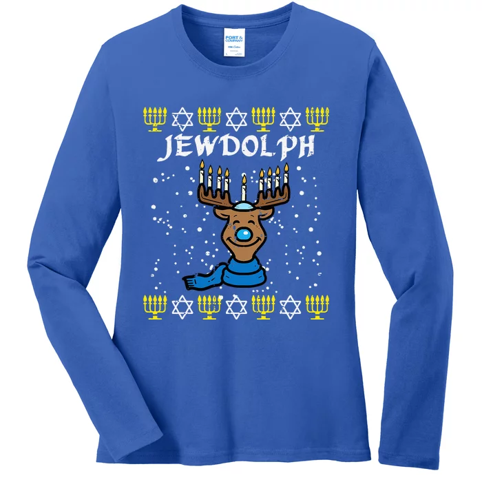 Jewdolph Ugly Hanukkah Reindeer Funny Chanukah Ladies Long Sleeve Shirt