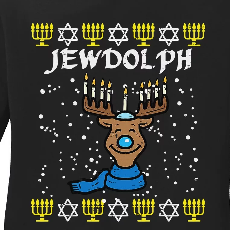 Jewdolph Ugly Hanukkah Reindeer Happy Chanukah Ladies Long Sleeve Shirt