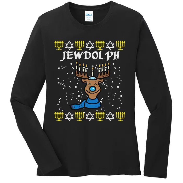 Jewdolph Ugly Hanukkah Reindeer Happy Chanukah Ladies Long Sleeve Shirt