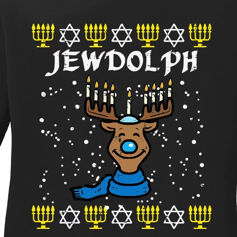 Jewdolph Ugly Hanukkah Reindeer Funny Chanukah Ladies Long Sleeve Shirt