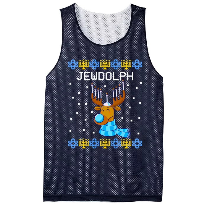 Jewdolph Ugly Hanukkah Sweater Reindeer Menorah Chanukah Mesh Reversible Basketball Jersey Tank