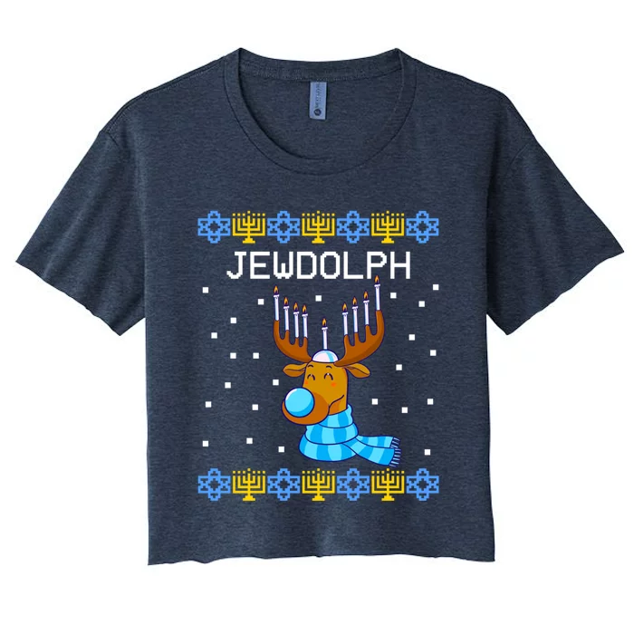 Jewdolph Ugly Hanukkah Sweater Reindeer Menorah Chanukah Women's Crop Top Tee