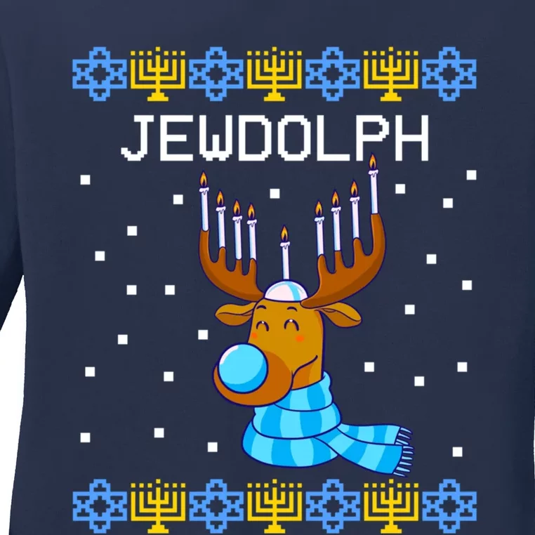 Jewdolph Ugly Hanukkah Sweater Reindeer Menorah Chanukah Ladies Long Sleeve Shirt