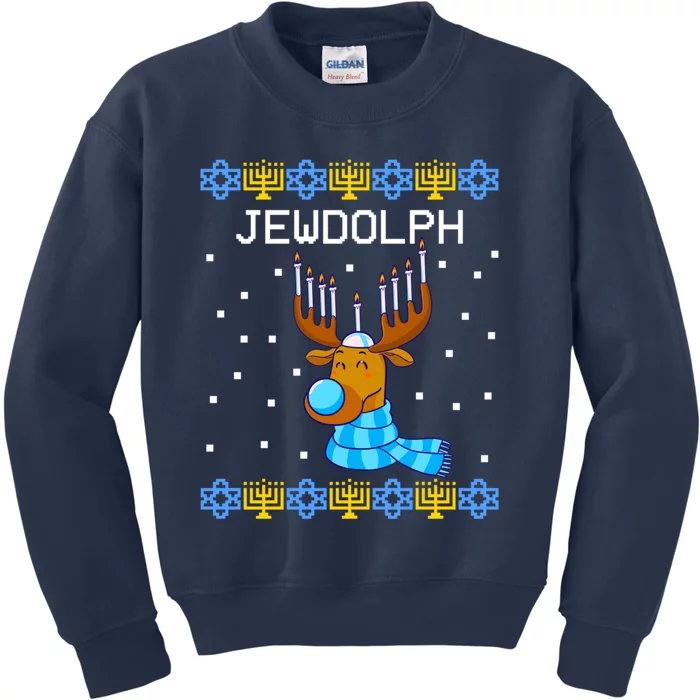 Jewdolph Ugly Hanukkah Sweater Reindeer Menorah Chanukah Kids Sweatshirt