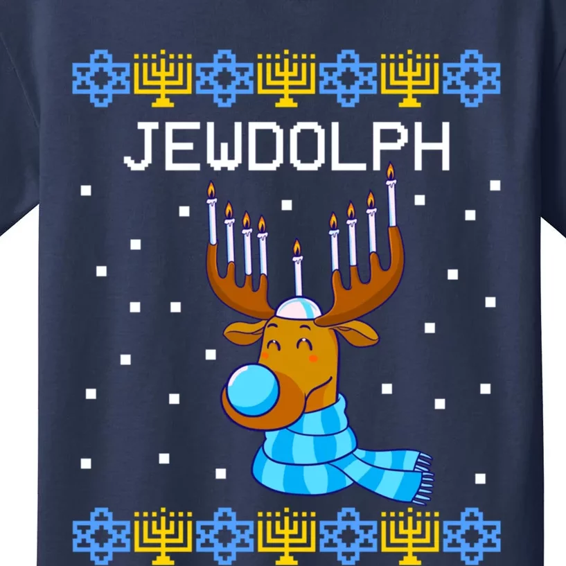 Jewdolph Ugly Hanukkah Sweater Reindeer Menorah Chanukah Kids T-Shirt