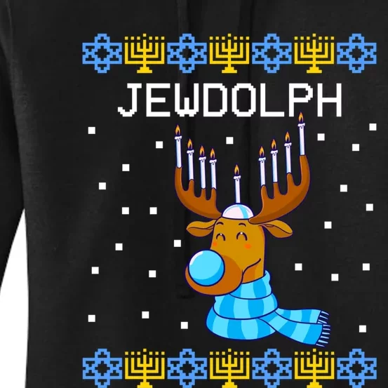 Jewdolph Ugly Hanukkah Sweater Reindeerorah Chanukah Women's Pullover Hoodie