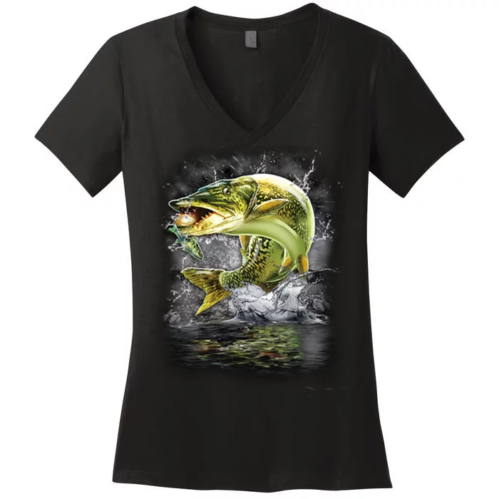 Jumping Muskie - Fishing Women's V-Neck T-Shirt