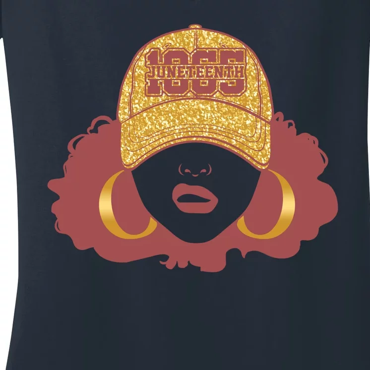 Juneteenth 1865 Stylish Black Woman Afro Baseball Cap Women's V-Neck T-Shirt