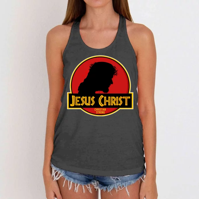 Jurassic Jesus Christ Christian Faith Women's Knotted Racerback Tank