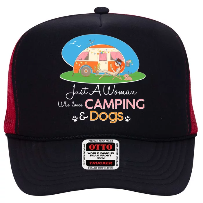 Just A Woman Who Loves Camping & Dogs High Crown Mesh Trucker Hat