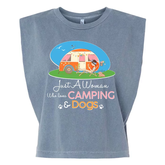 Just A Woman Who Loves Camping & Dogs Garment-Dyed Women's Muscle Tee