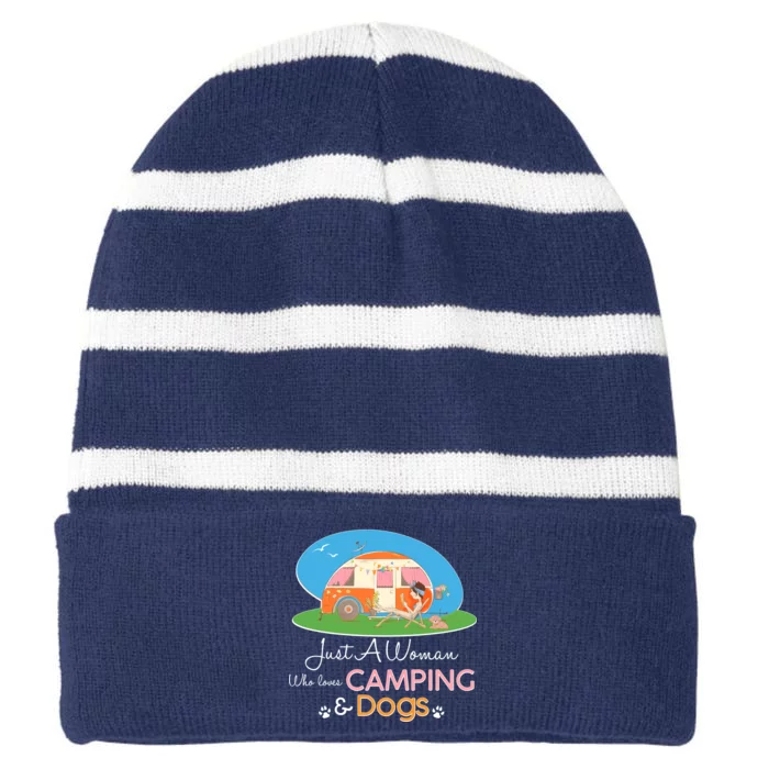 Just A Woman Who Loves Camping & Dogs Striped Beanie with Solid Band