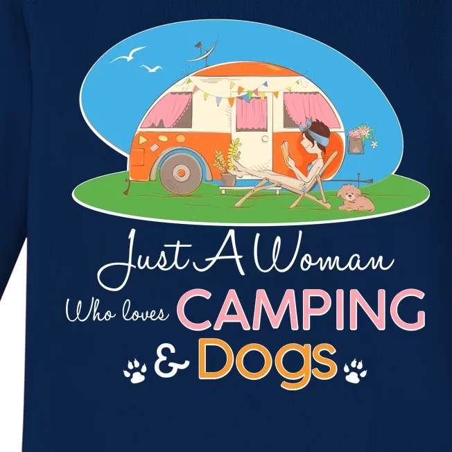 Just A Woman Who Loves Camping & Dogs Baby Long Sleeve Bodysuit