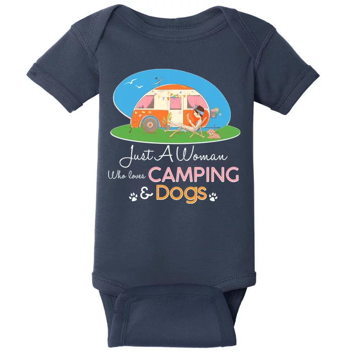 Just A Woman Who Loves Camping & Dogs Baby Bodysuit