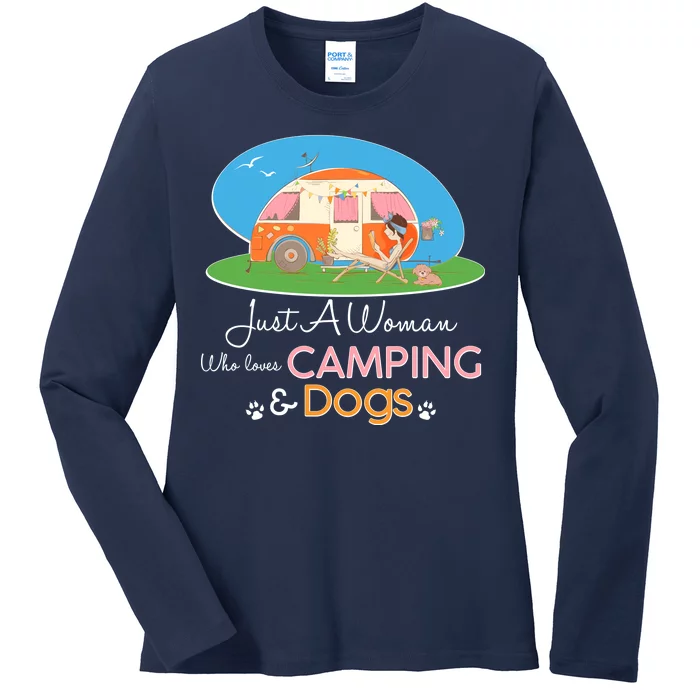 Just A Woman Who Loves Camping & Dogs Ladies Long Sleeve Shirt