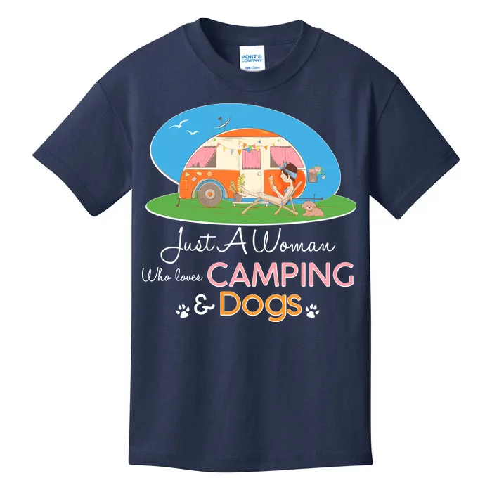 Just A Woman Who Loves Camping & Dogs Kids T-Shirt