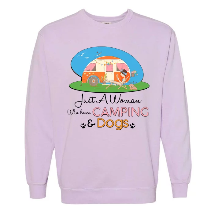 Just A Woman Who Loves Camping & Dogs Garment-Dyed Sweatshirt