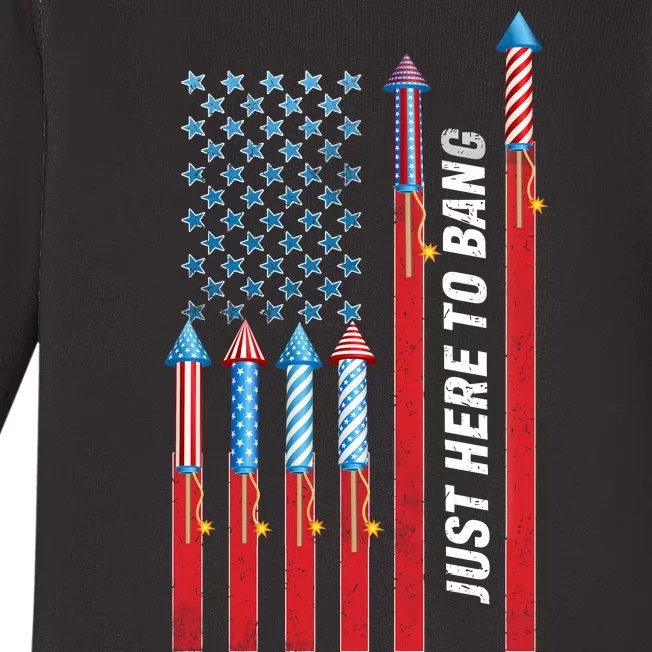 Just Here To Bang American Flag Fireworks Baby Long Sleeve Bodysuit