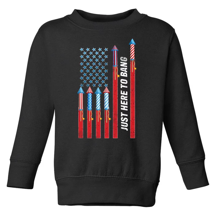 Just Here To Bang American Flag Fireworks Toddler Sweatshirt