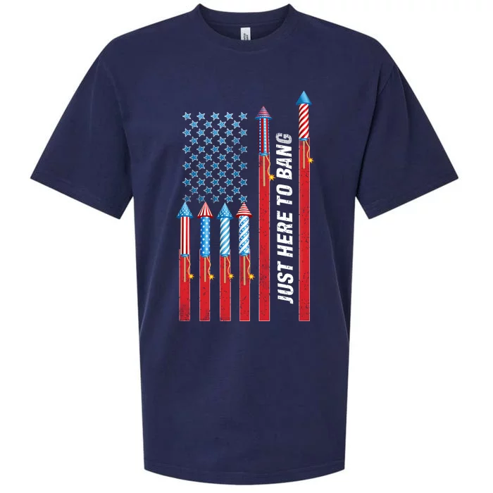 Just Here To Bang American Flag Fireworks Sueded Cloud Jersey T-Shirt