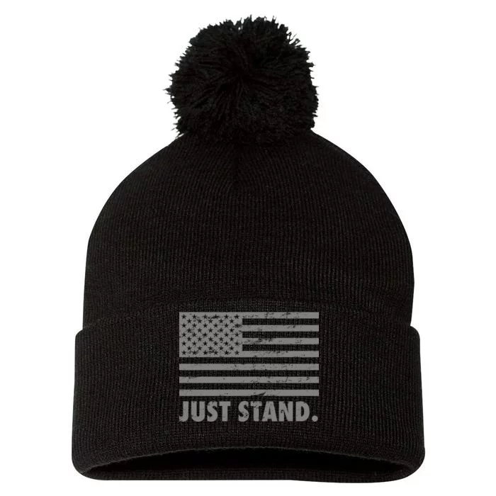 Just Stand Grey Style Flag Pom Pom 12in Knit Beanie