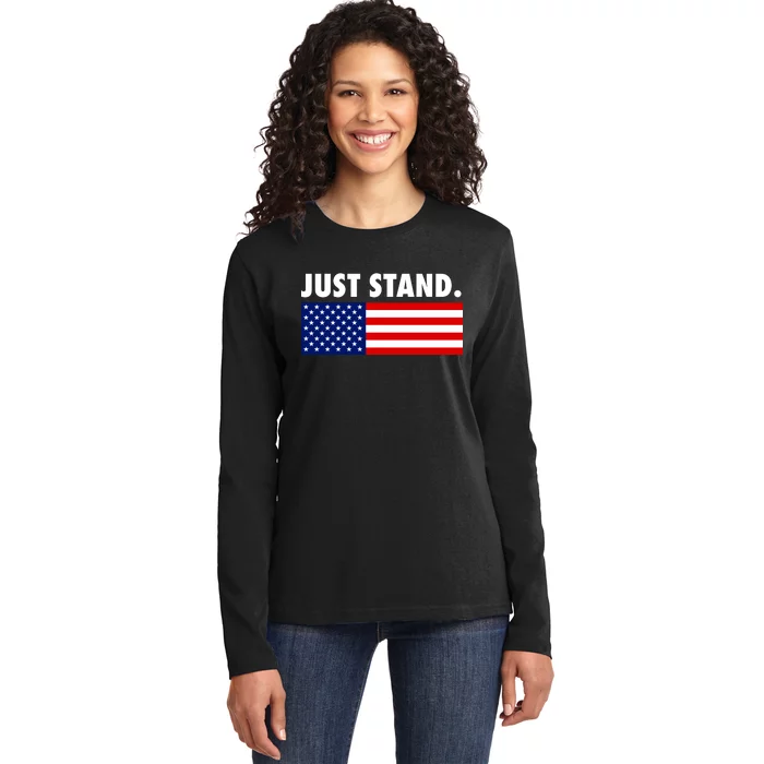 Just Stand Striped American Flag Ladies Long Sleeve Shirt