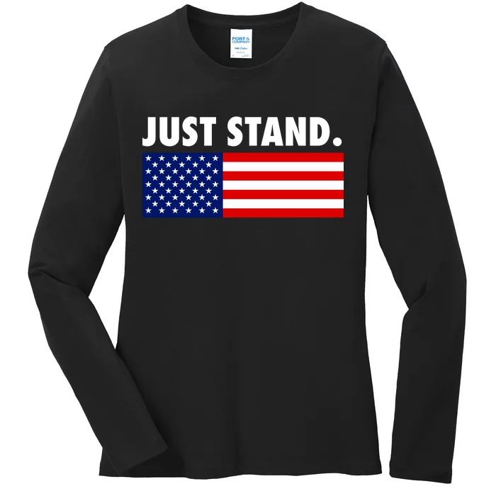 Just Stand Striped American Flag Ladies Long Sleeve Shirt