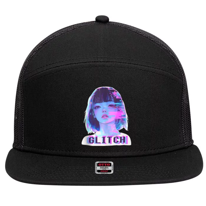 Japanese Vaporwave Edgy Sad Glitch Girl Anime Aesthetic 7 Panel Mesh Trucker Snapback Hat