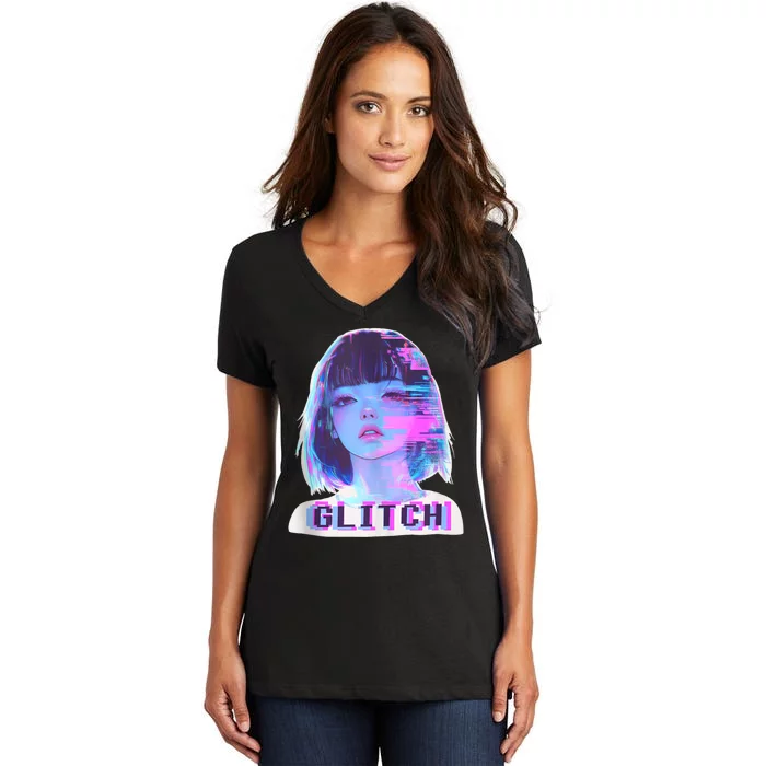 Japanese Vaporwave Edgy Sad Glitch Girl Anime Aesthetic Women's V-Neck T-Shirt