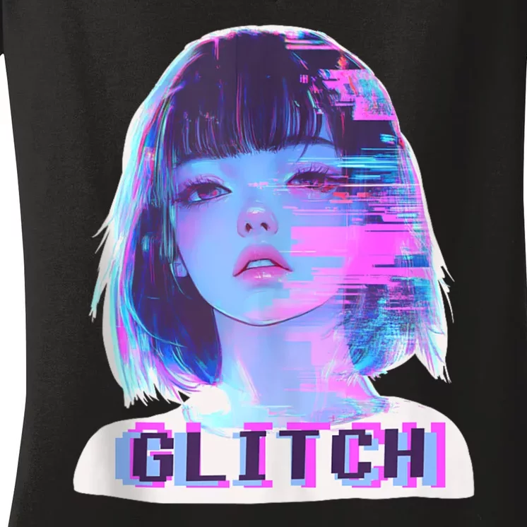 Japanese Vaporwave Edgy Sad Glitch Girl Anime Aesthetic Women's V-Neck T-Shirt