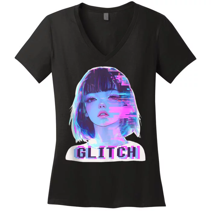 Japanese Vaporwave Edgy Sad Glitch Girl Anime Aesthetic Women's V-Neck T-Shirt