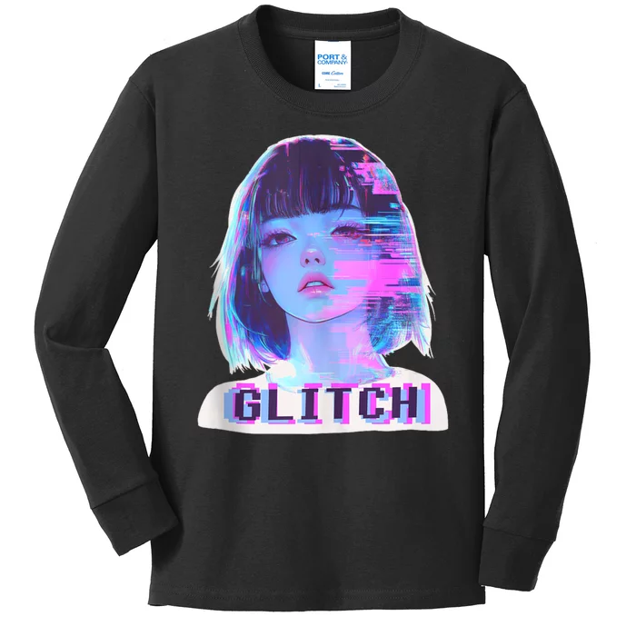 Japanese Vaporwave Edgy Sad Glitch Girl Anime Aesthetic Kids Long Sleeve Shirt