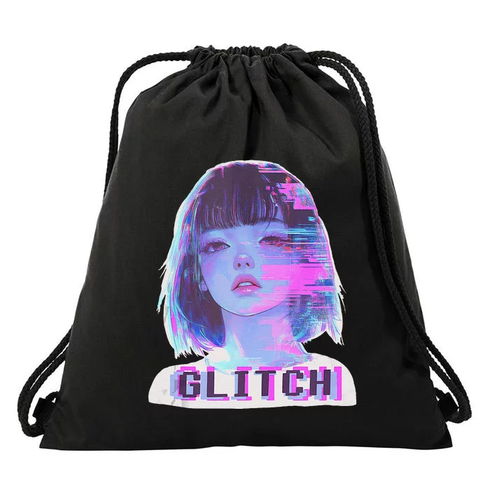 Japanese Vaporwave Edgy Sad Glitch Anime Aesthetic Drawstring Bag