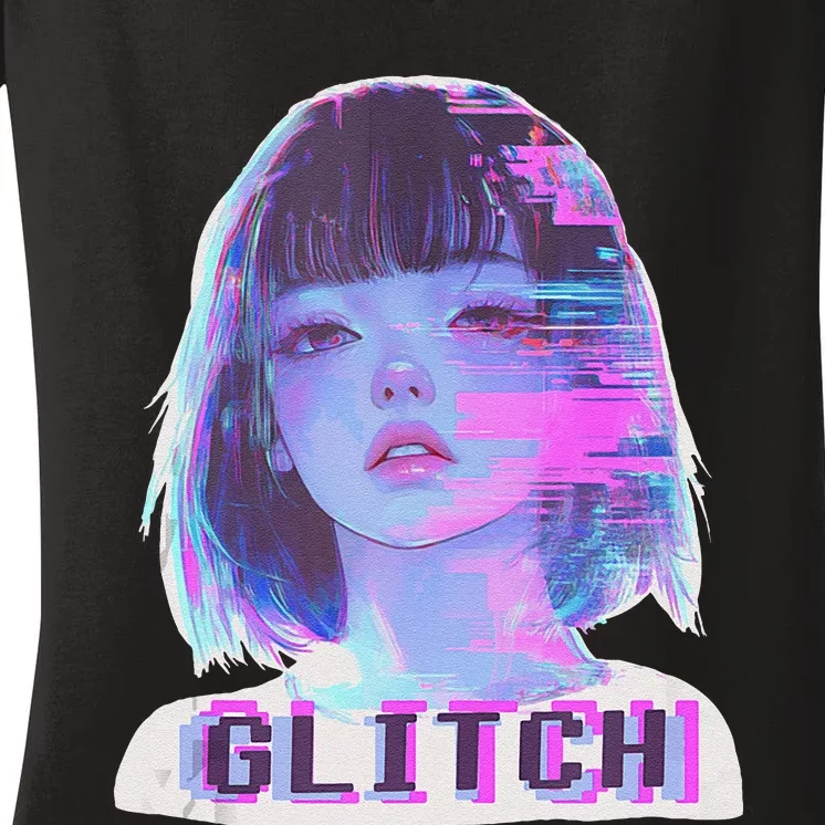 Japanese Vaporwave Edgy Sad Glitch Anime Aesthetic Women's V-Neck T-Shirt