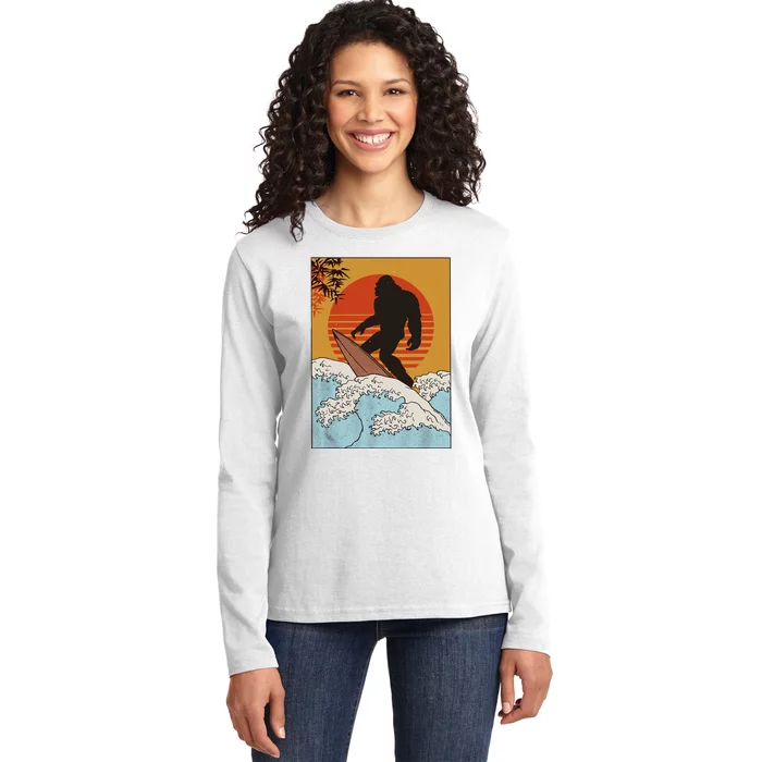 Japanese Vintage Kanagawa Art Surfing Bigfoot Hanging Ten Ladies Long Sleeve Shirt