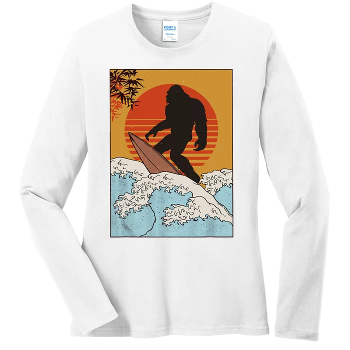 Japanese Vintage Kanagawa Art Surfing Bigfoot Hanging Ten Ladies Long Sleeve Shirt