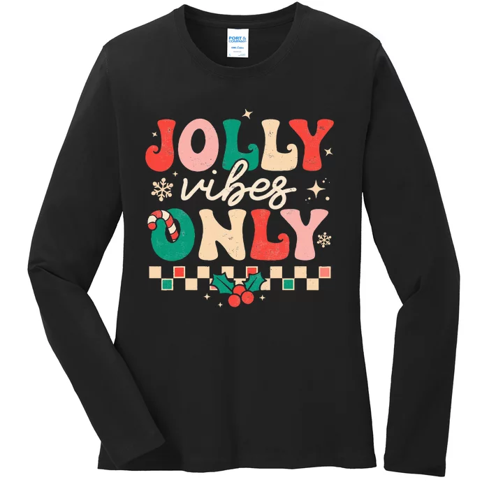 Jolly Vibes Only Groovy Retro Christmas Xmas Happy Holiday Ladies Long Sleeve Shirt