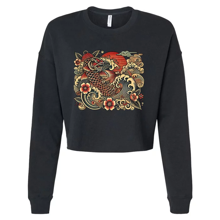 Japanese Vintage Retro Koi Dragon Cropped Pullover Crew