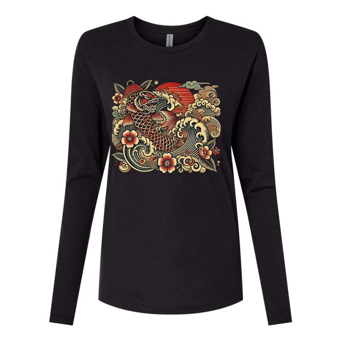 Japanese Vintage Retro Koi Dragon Womens Cotton Relaxed Long Sleeve T-Shirt