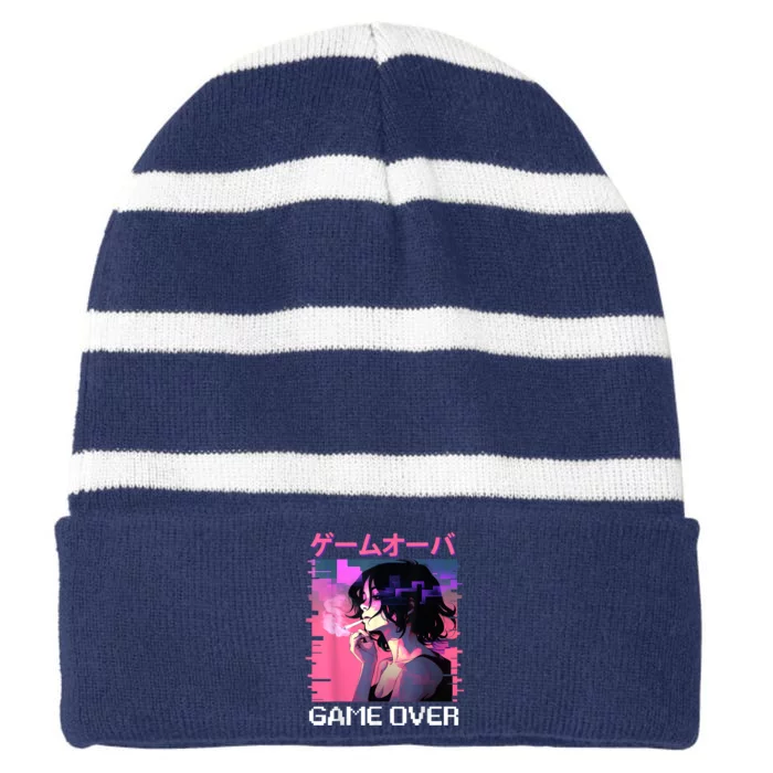 Japanese Vaporwave Sad Anime Game Over Indie Aesthetic Striped Beanie with Solid Band