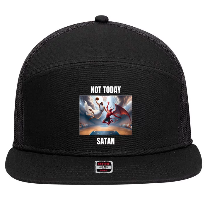 Jesus Vs Satan Playing Basketball Not Today Satan 7 Panel Mesh Trucker Snapback Hat