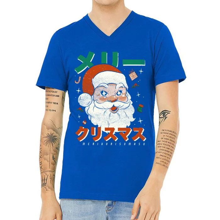 Japan Vintage Santa Merikurisumasu Xmas Japanese Christmas Gift V-Neck T-Shirt