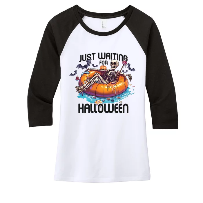 Just Waiting For Halloween Skeleton Funny Women's Tri-Blend 3/4-Sleeve Raglan Shirt