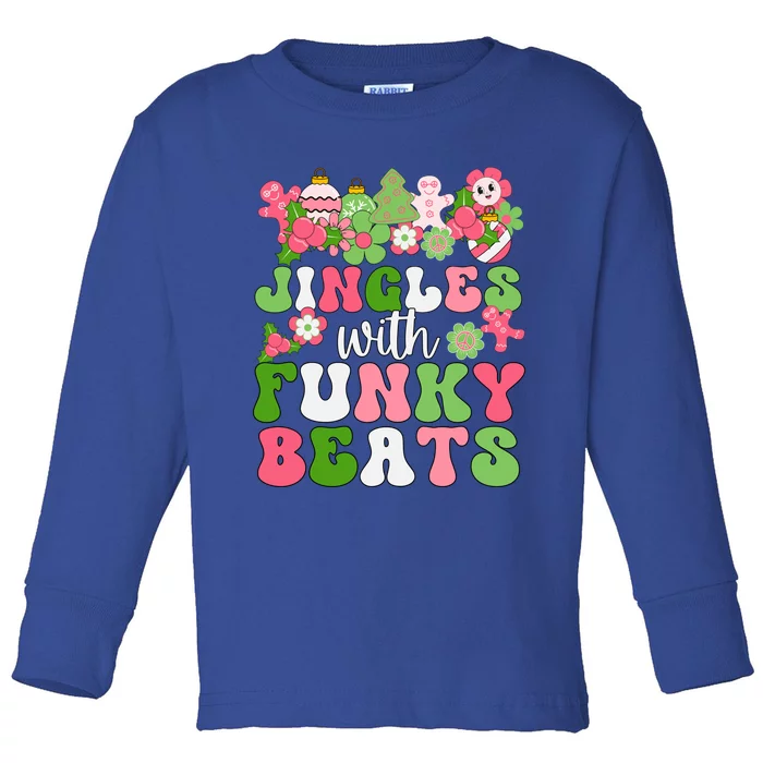 Jingle With Funky Beats Christmas Music Groovy Retro Pink Gift Toddler Long Sleeve Shirt