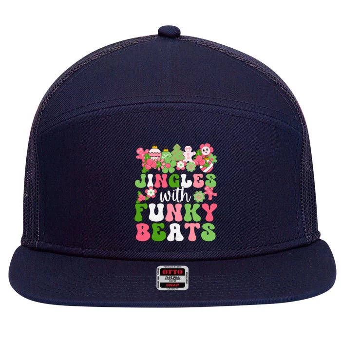 Jingle With Funky Beats Christmas Music Groovy Retro Pink Gift 7 Panel Mesh Trucker Snapback Hat