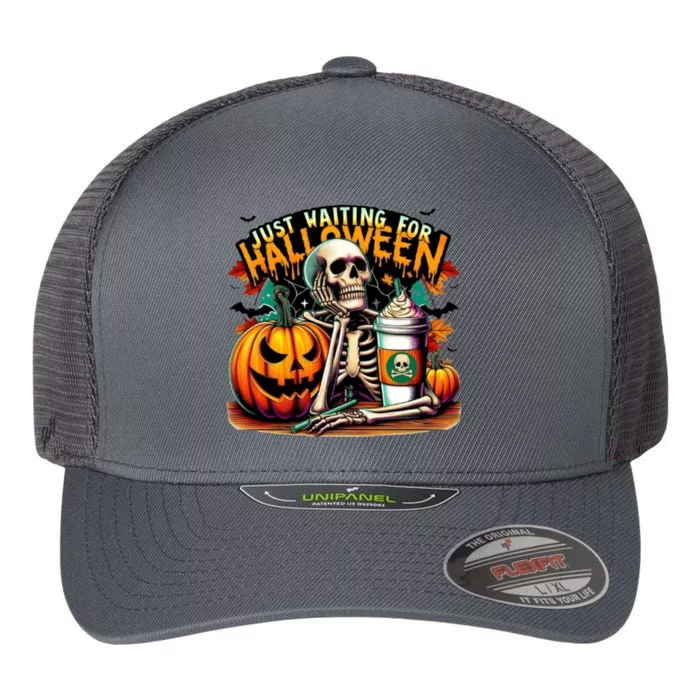 Just Waiting For Halloween Coffee Funny Skeleton Halloween Flexfit Unipanel Trucker Cap