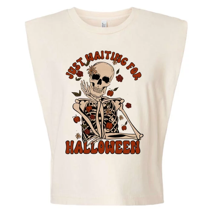 Just Waiting For Halloween Skeleton Fall Spooky Garment-Dyed Women's Muscle Tee