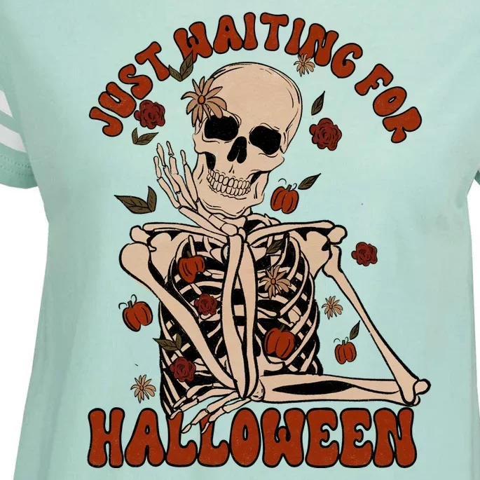 Just Waiting For Halloween Skeleton Fall Spooky Enza Ladies Jersey Football T-Shirt